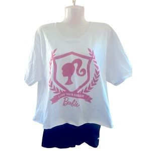 New Barbie Large Crop Top White Pink Live Your Dream Logo Graphic Lettering Logo